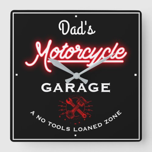 Dads Motorcycle Garage Red Faux Neon Tools  Square Wall Clock