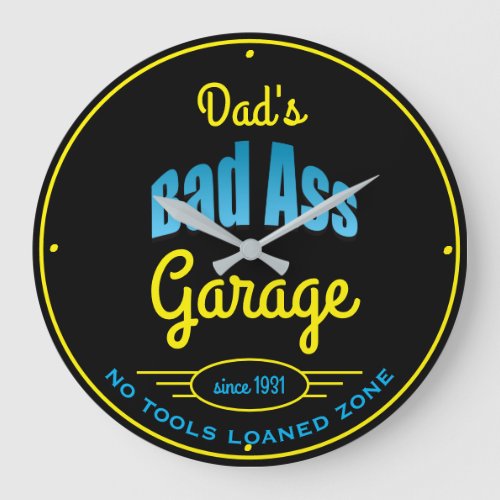 Dads or Any Name Bad A Garage Yellow Blue Effect Large Clock