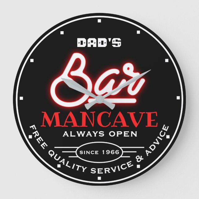 Dad's or Any Name Bar Mancave Black Red Large Clock (Front)