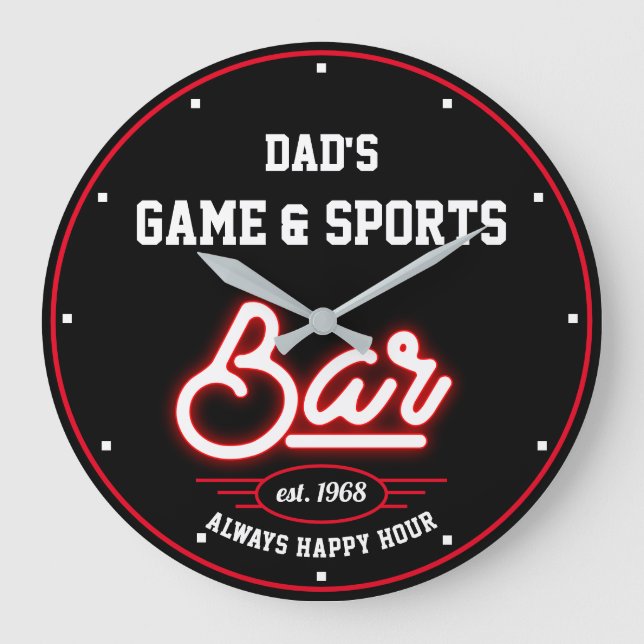 Dad's or Any Name Game Sports Bar Black Red Large Clock (Front)