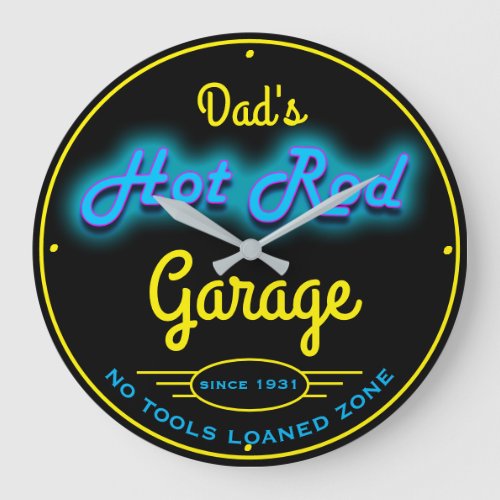 Dads or Any Name Garage Blue Faux Neon Effect Large Clock