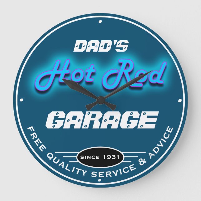 Dad's or Any Name Garage Blue Faux Neon Look Large Clock (Front)