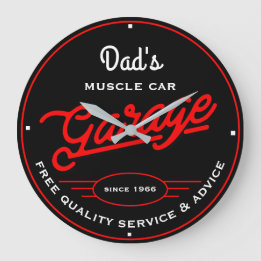 Dad's or Any Name Garage Red and White Retro Large Clock