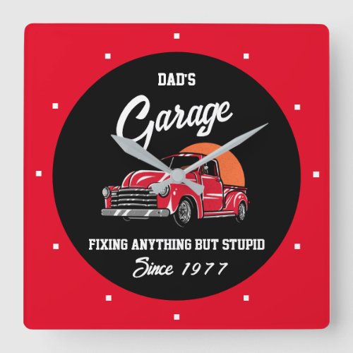 Dads or Any Name Garage Red Chevy Truck Slogan  Square Wall Clock