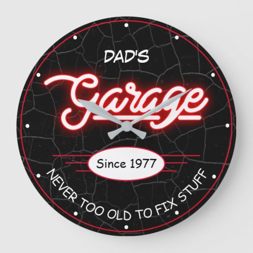 Dads or Any Name Garage Red Neon Effect Funny Large Clock