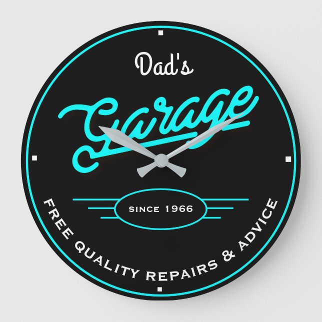 Dad's or Any Name Garage Retro Aqua and Slogan Large Clock (Front)