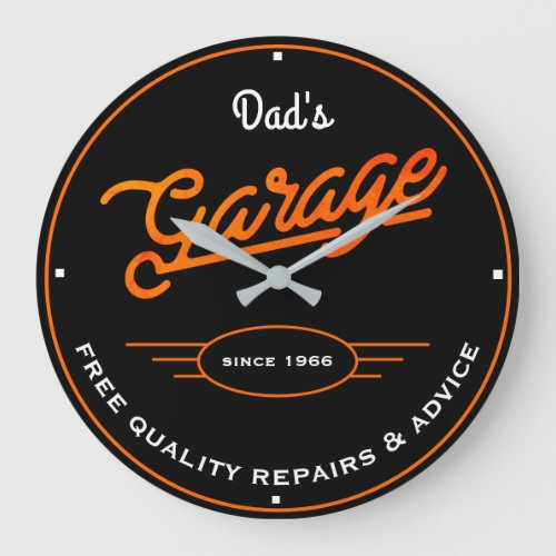 Dads or Any Name Garage Retro Orange and Slogan Large Clock