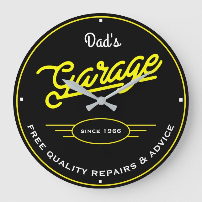 Dad's or Any Name Garage Retro Yellow and Slogan Large Clock (Front)