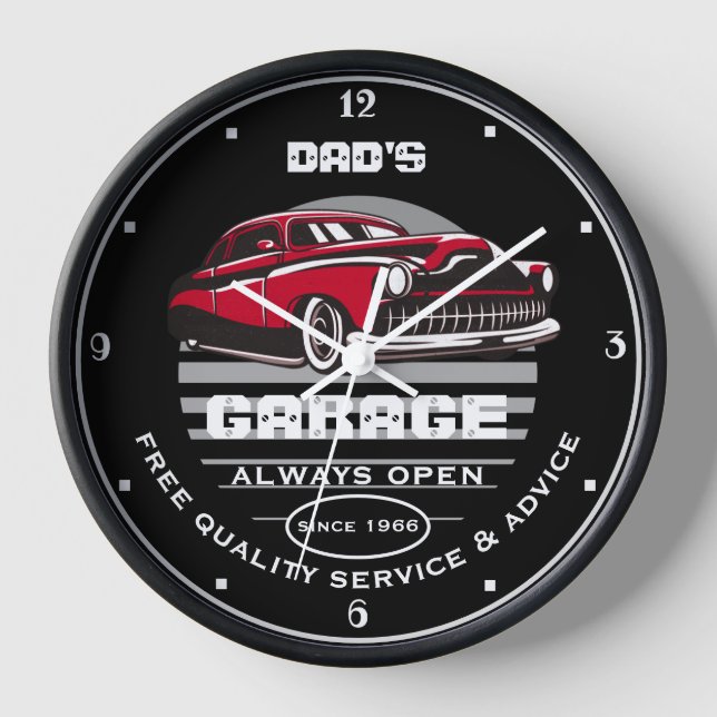 Dad's or Any Name Garage Slogan Low Rider Car Clock (Front)