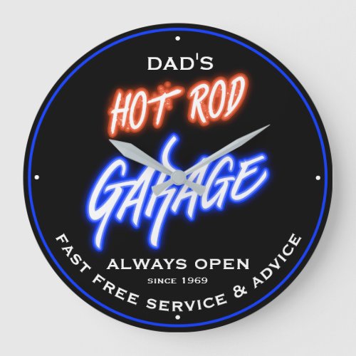 Dads or Any Name Hot Rod Garage Blue Neon Effects Large Clock