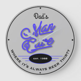 Dad's or Any Name Man Cave Retro Blue Gray Funny Large Clock