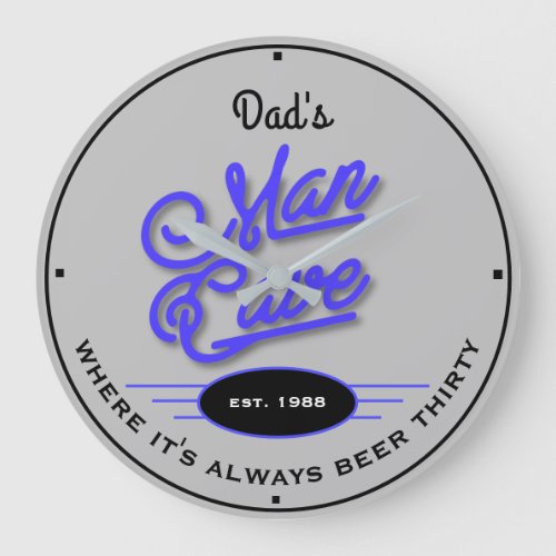 Dads or Any Name Man Cave Retro Blue Gray Funny Large Clock