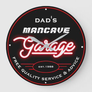 Dad's or Any Name Mancave Garage Red White Retro Large Clock