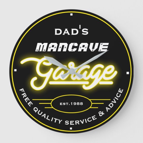 Dads or Any Name Mancave Garage Yellow Retro  Large Clock