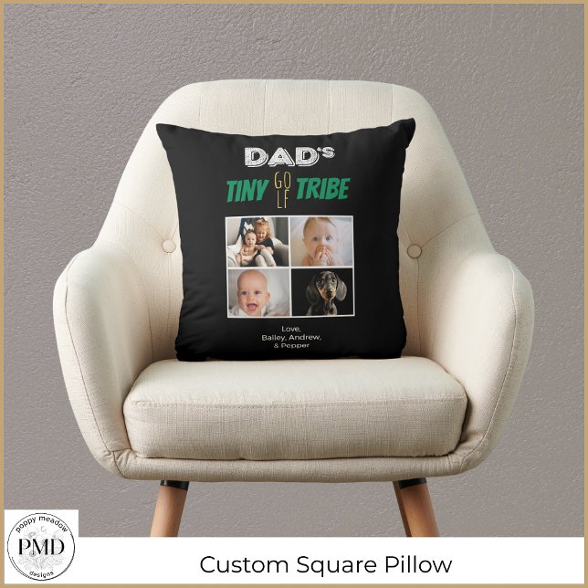 Dads Tiny Golf Tribe Custom Father's Day 4 Photo Throw Pillow (Dad's Tiny Golf Tribe Custom Fathers Day 4 Photo Square Throw Pillow with Children's Names, Photos.)