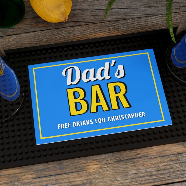 Dad's Yellow And Blue Free Drinks Bar Mat (Free drinks for Dad! Add his name!)