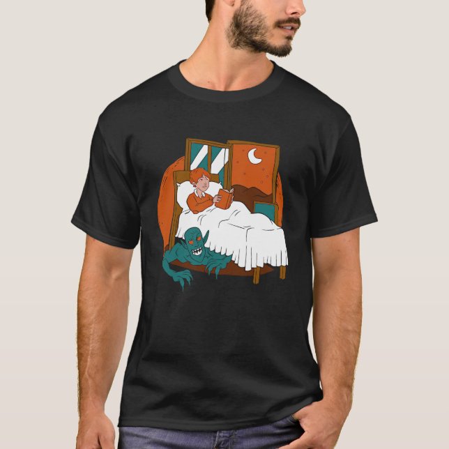 Daemon Hiding under a kids bed  Cool Retro Story T-Shirt (Front)