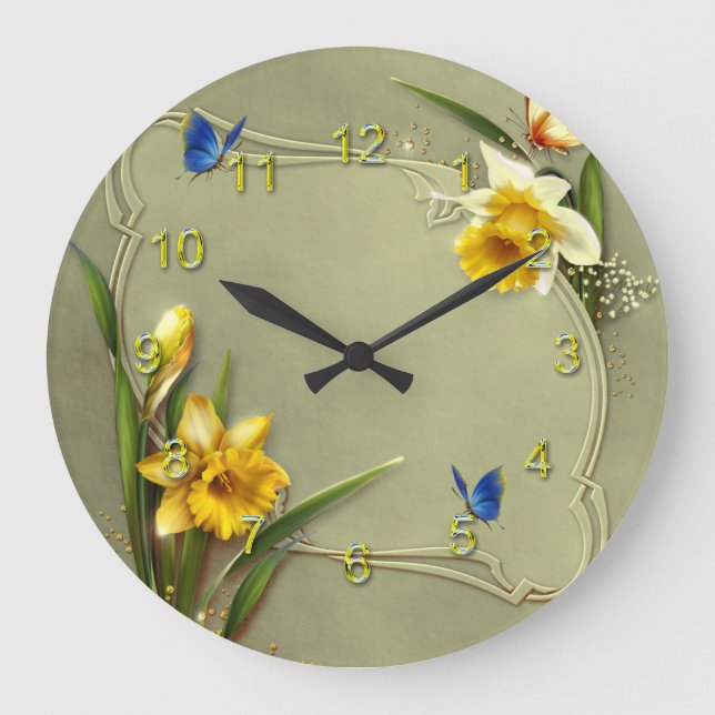 Daffodil and Blue Butterfly Large Clock (Front)