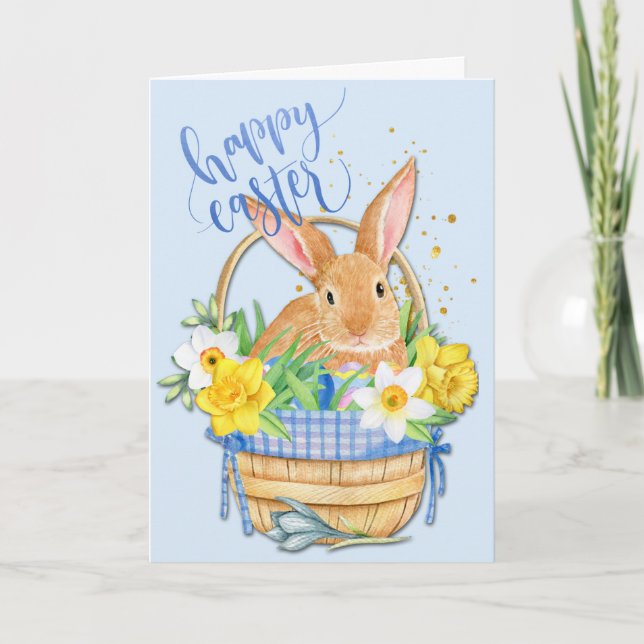 Daffodil and Blue Gingham Easter Bunny Basket Holiday Card (Front)