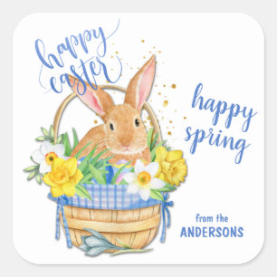 Daffodil and Blue Gingham Easter Bunny Basket Square Sticker