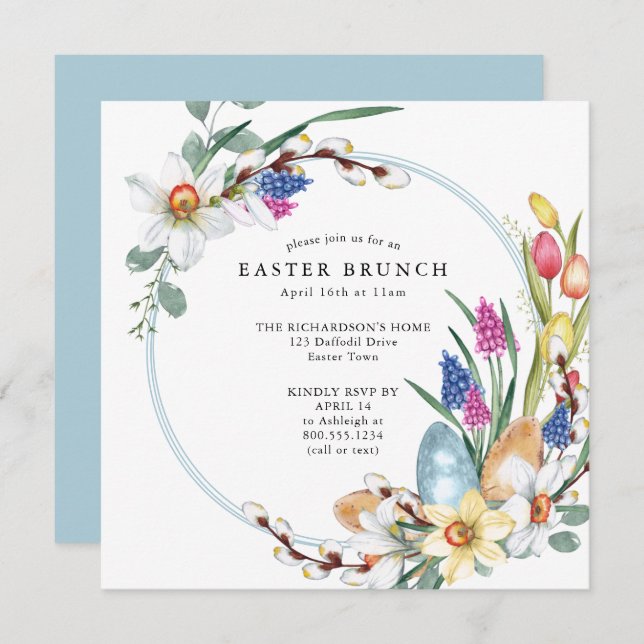 Daffodil and Spring Floral Easter Brunch Square Invitation (Front/Back)