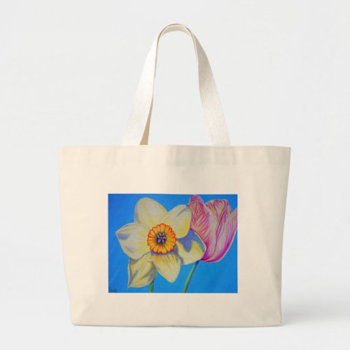 Daffodil and Tulip Painting Large Tote Bag