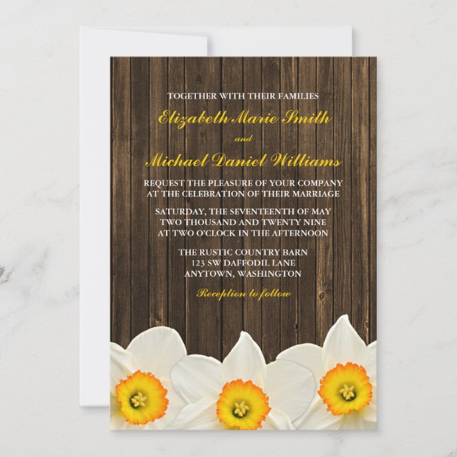 Daffodil Barn Wood Wedding Invitation (Front)