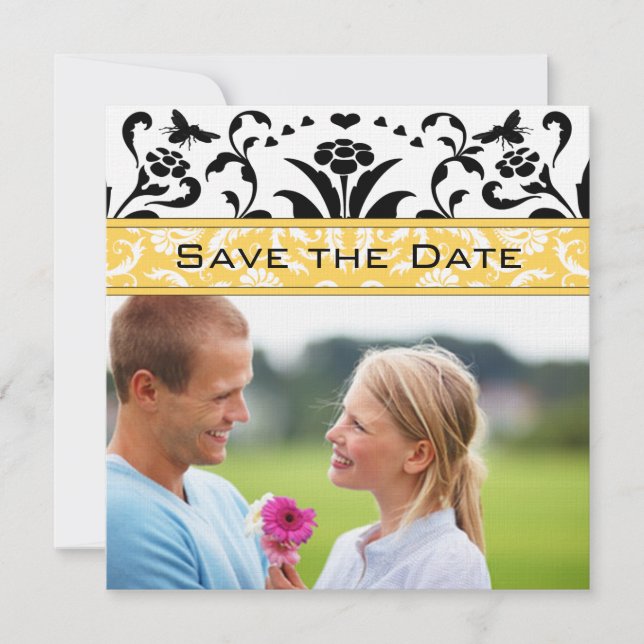 Daffodil Black Bubble Bee Damask Save the Date Invitation (Front)
