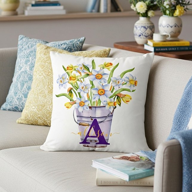 Daffodil bucket personalized throw pillow (Creator Uploaded)