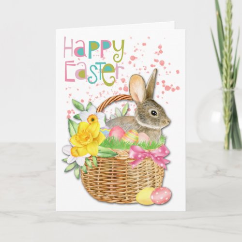 Daffodil Bunny in Easter Egg Basket Holiday Card