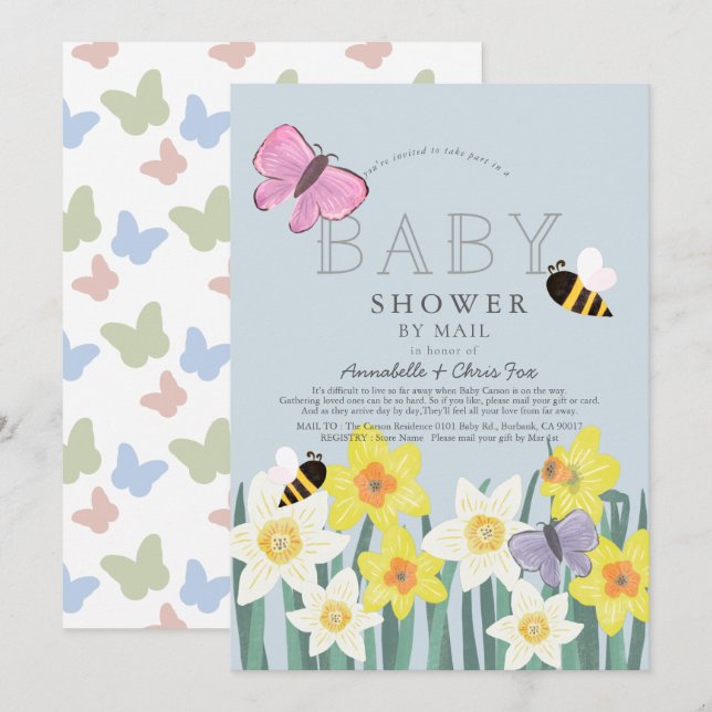 Daffodil Butterfly Bee Floral Baby Shower by Mail Invitation (Front/Back)