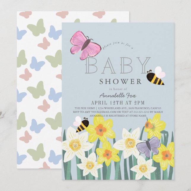 Daffodil Butterfly Bee Floral Baby Shower Invitation (Front/Back)