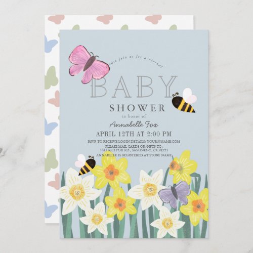Daffodil Butterfly Bee Floral VIrtual Baby Shower Invitation