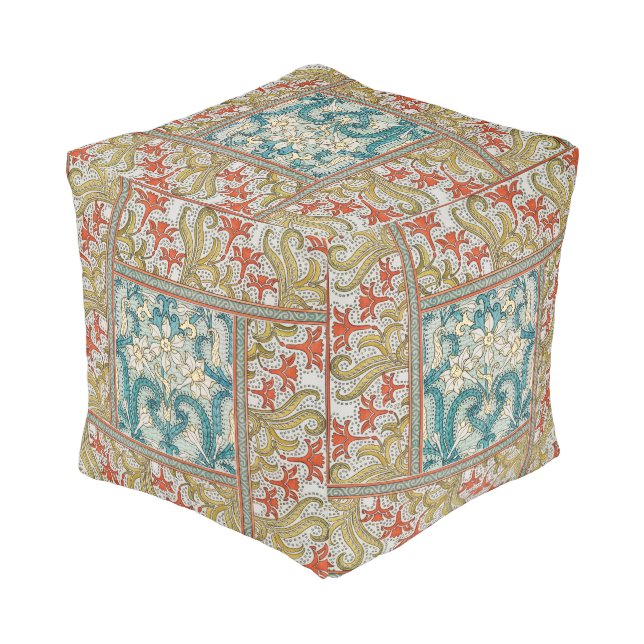 Daffodil chintz art nouveau flower wallpaper pouf (Angled Back)