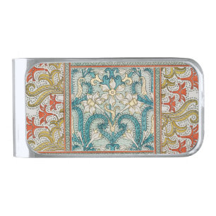 Daffodil chintz art nouveau flower wallpaper silver finish money clip