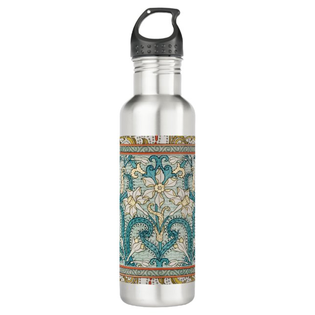 Daffodil chintz art nouveau flower wallpaper stainless steel water bottle (Front)