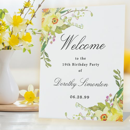 Daffodil Floral 19th Birthday Party Welcome Pedestal Sign