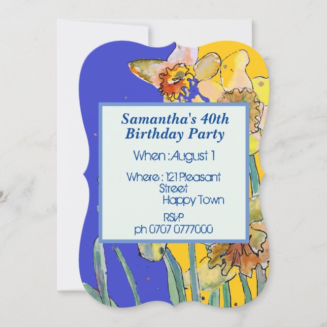 Daffodil Floral 40th Birthday Yellow Navy Blue Invitation (Front)