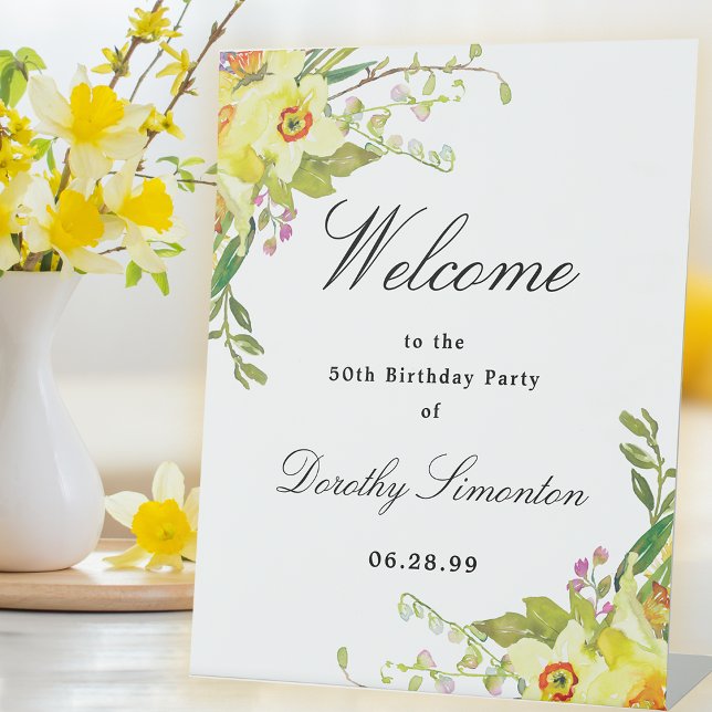 Daffodil Floral 50th Birthday Party Welcome Pedestal Sign (Creator Uploaded)