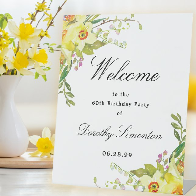 Daffodil Floral 60th Birthday Party Welcome Pedestal Sign (Creator Uploaded)
