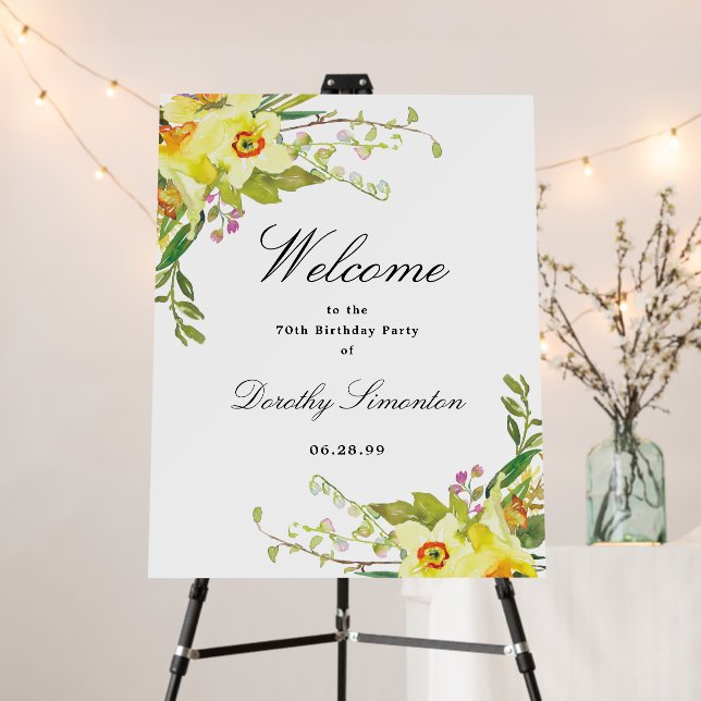 Daffodil Floral 70th Birthday Party Welcome Foam Board (In Situ (Stand))