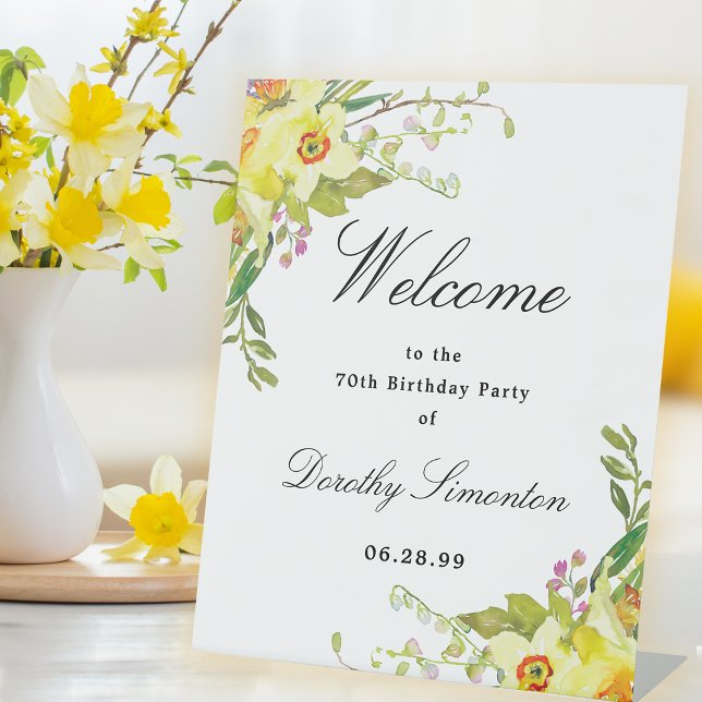 Daffodil Floral 70th Birthday Party Welcome Pedestal Sign (Creator Uploaded)