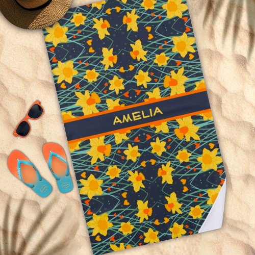 Daffodil Floral Custom Name Pattern Trendy Beach Towel