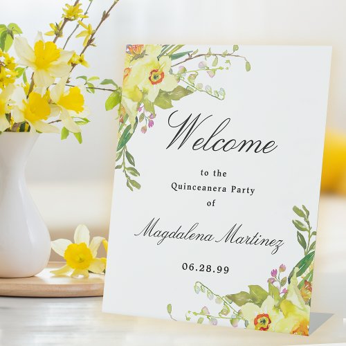 Daffodil Floral Quinceanera Party Welcome Pedestal Sign