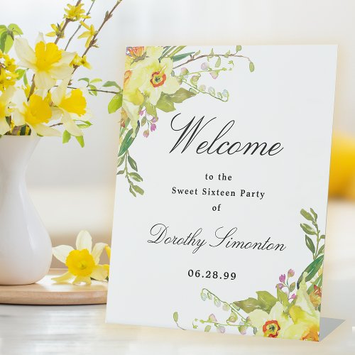 Daffodil Floral Sweet 16 Party Welcome Pedestal Sign