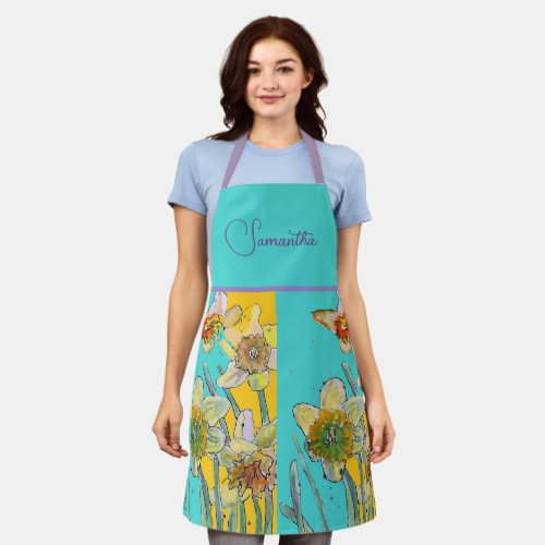 Daffodil Floral Yellow Turquoise Flower Pattern Apron