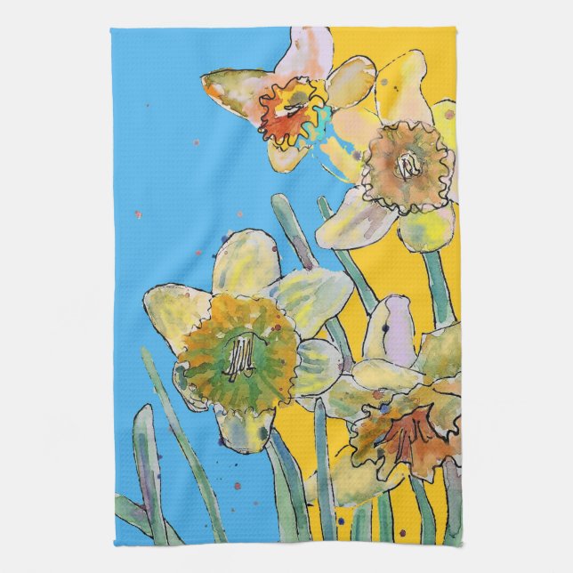 Daffodil Flower Floral Spring Watercolour Blue Kitchen Towel (Vertical)