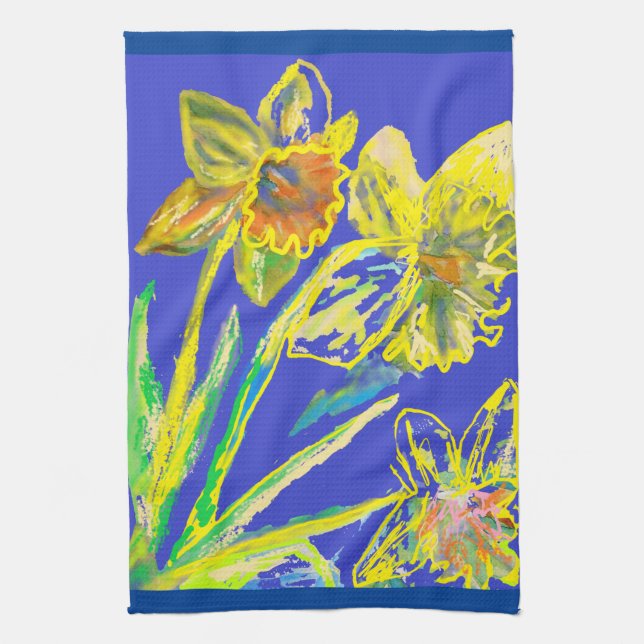 Daffodil Flower Floral Spring Watercolour Blue Tea Kitchen Towel (Vertical)