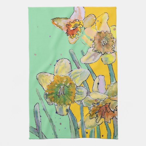 Daffodil Flower Floral Spring Watercolour Mint Kitchen Towel