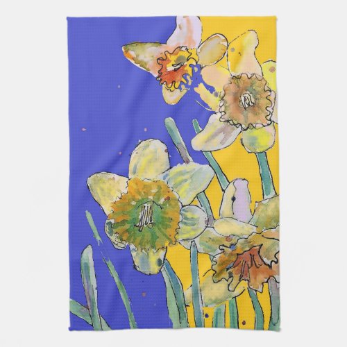 Daffodil Flower Floral Spring Watercolour Navy Kitchen Towel